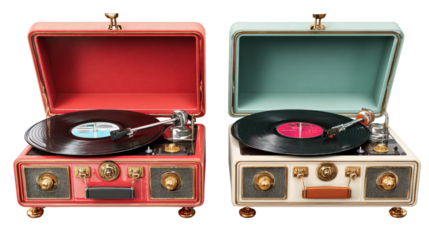 Vintage Record Players: Retro-style vintage record players with vinyl records spinning and nostalgic vibes, isolated on a Transparent background, PNG file.