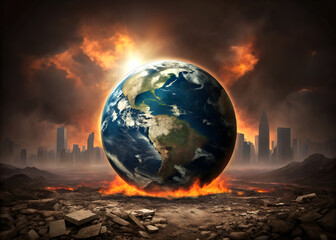 Earth engulfed in flames amidst burning city ruins and smoke