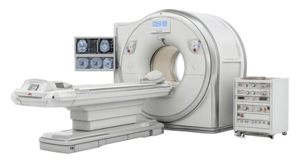 Medical imaging machine with 3D visualization, isolated on a Transparent background, PNG file.