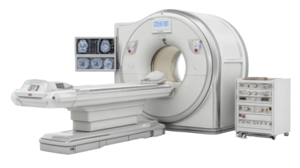 Medical imaging machine with 3D visualization, isolated on a Transparent background, PNG file.