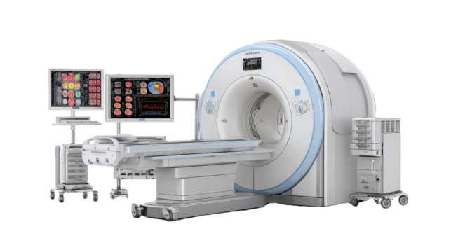 Medical imaging machine with 3D visualization, isolated on a Transparent background, PNG file.