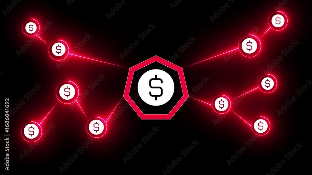 Aufkleber abstract network of glowing red dollar symbols connected to central hexagon on black background curr