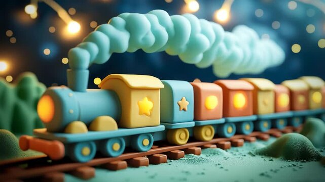 メルヘンチックな夜の線路を走るカラフルな汽車の粘土細工風の3Dイラスト
