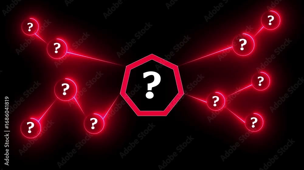 Poster neon red question mark network diagram on black background with central hexagon image photo