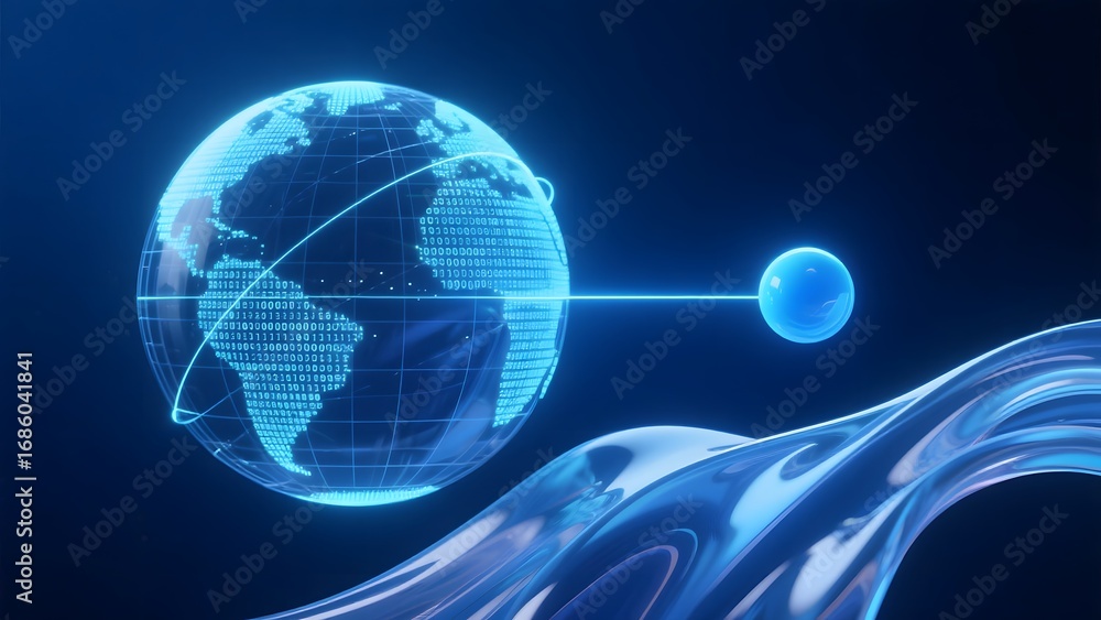 Poster digital earth with flowing data stream and orbital sphere
