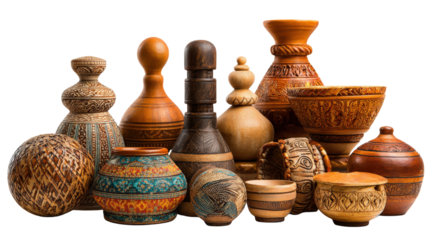 Traditional Crafts: Beautiful traditional crafts like pottery, weaving, and hand-carved wooden items, isolated on a Transparent background, PNG file.