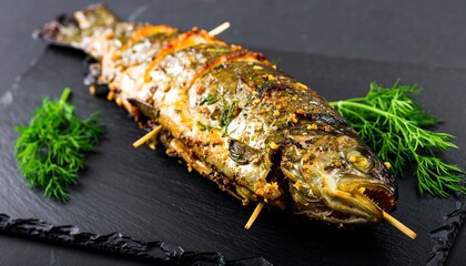 A whole, grilled fish, seasoned with herbs and spices, rests on a dark stone plate, garnished with fresh dill.