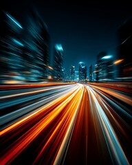 Night Highway and Cityscape with Light Trails