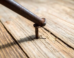 Rusty nail driven into weathered wood