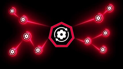 Neon Red Network Connection with Gear and Arrow Icons on Black Background abstract blue - Powered by Adobe