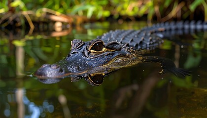 Obraz premium A young alligator glides through the still waters of a swamp