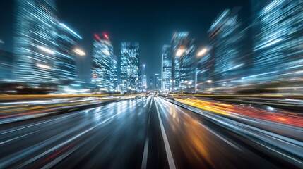 Fototapeta premium Night City Roadway with Motion Blur and Illuminated Buildings