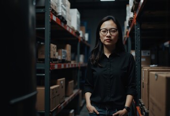 Inventory specialist standing confidently beside a packaging station in a warehouse