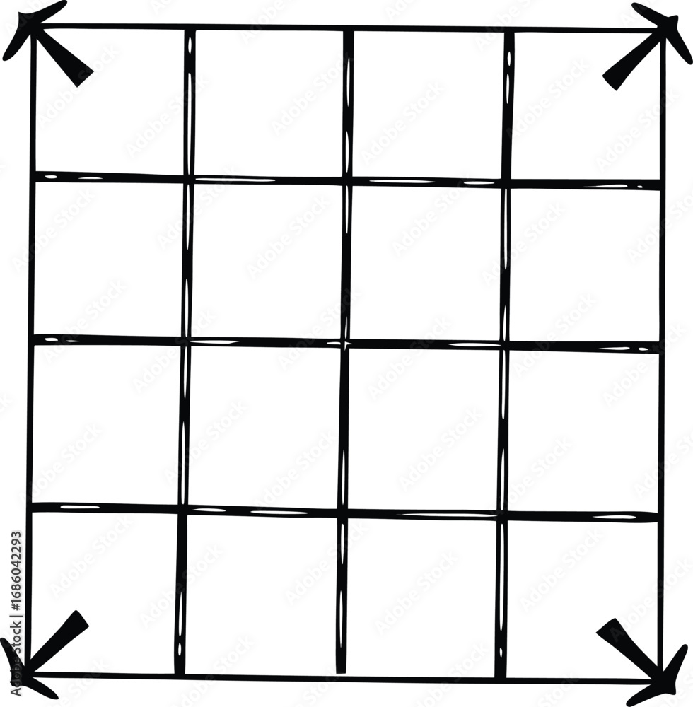 Poster diagonal crossed arrows above a 3x3 thumbnail grid, simple line art.