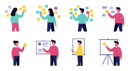 A collection of flat design illustrations showing diverse people brainstorming, planning, and presenting ideas using sticky notes and whiteboards.
