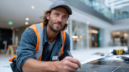 A construction worker is installing tiles in a modern building, highlighting the blend of craftsmanship and commitment to creating a functional and beautiful indoor space.