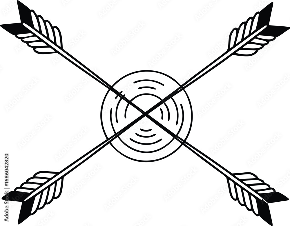 Poster crossed arrows with concentric thin rings pulsing at intersection, minimal
