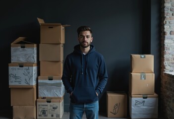 Retail backroom runner standing confidently near a stack of aligned boxes