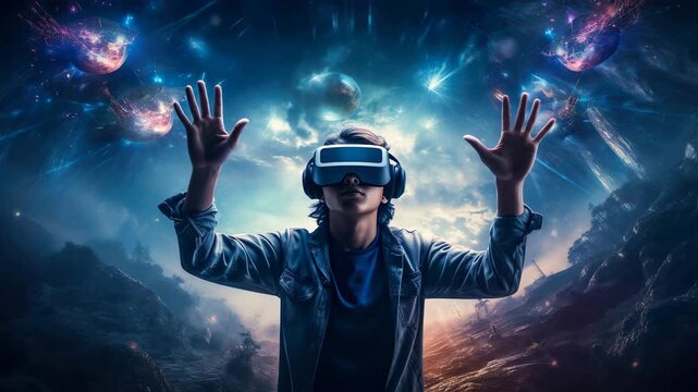 バーチャルの世界に入り込むVRゴーグルをつけた男性