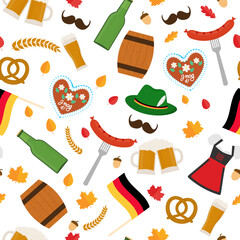 Oktoberfest seamless pattern. German beer festival background Vector template for fabric, textile, wallpaper, wrapping paper, etc.