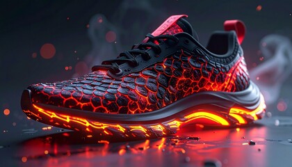 Custom running shoes with dragon scales texture, fiery red and black color scheme, cinematic 3D render with glowing effects.