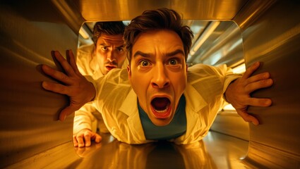 Man Experiencing Panic in Infinite Mirror Maze - Surreal and Intense