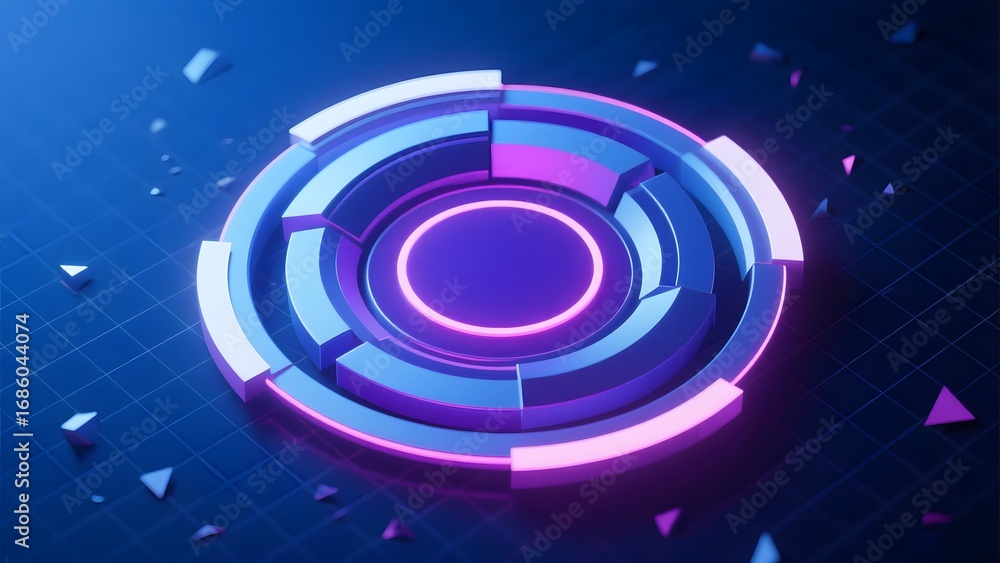 Poster neon-lit circular structure with geometric patterns on a dark grid background