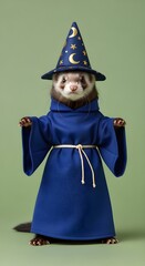 A ferret wearing a blue wizard robe and a star patterned pointed hat posing with outstretched paws against a green