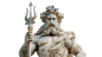 Greek statue of Poseidon, isolated on a Transparent background, PNG file.