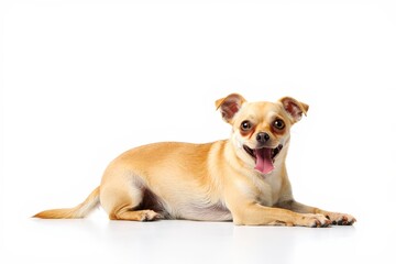 Smiling Chihuahua Dog Lying Down on White Background