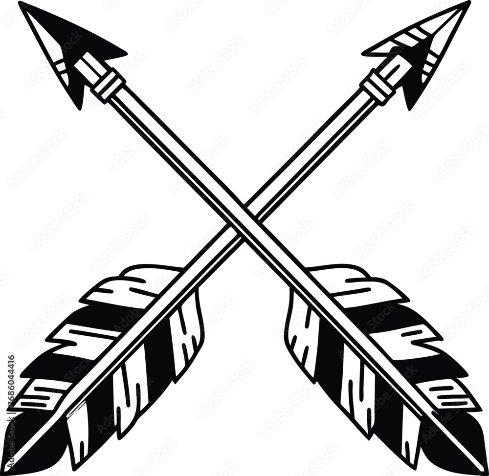 Poster crossed arrows with a small circular badge at corner, minimal outline.