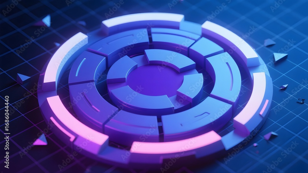 Poster circular futuristic interface with glowing neon segments on a grid background