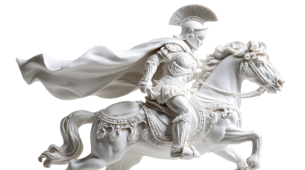 Greek warrior on horseback statue, isolated on a Transparent background, PNG file.