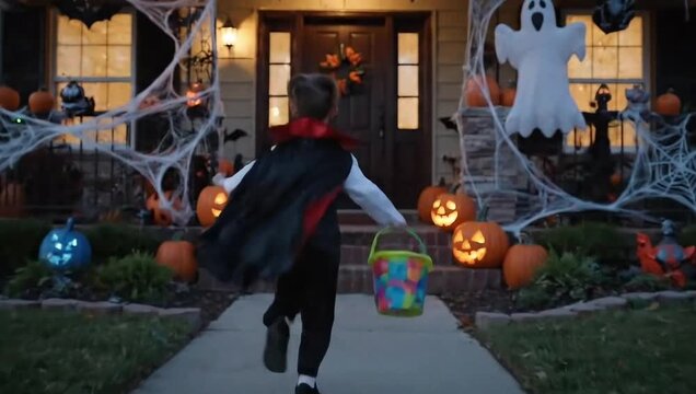 Child in vampire costume trick or treating at a decorated house with a bucket of candy at dusk. halloween theme