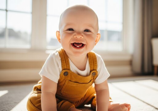 White baby, approximately 1 year old, sitting on a soft rug with sunlight streaming in through a large window, smiling broadly with two little teeth showing, wearing a mustard yellow onesie