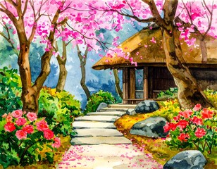 Watercolor painting of a Japanese garden