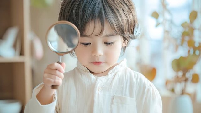 明るい笑顔で虫眼鏡を持つアジア人の男の子
