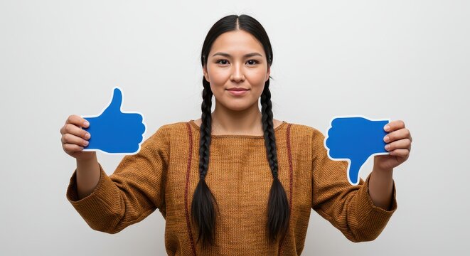 Thumbs Up or Down: A woman presents a blue thumb up and down sign, representing choice or opinion, in a studio-shot.