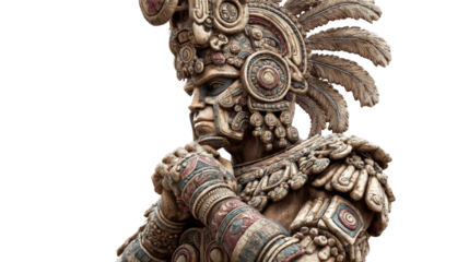 Mayan warrior statue, isolated on a Transparent background, PNG file.