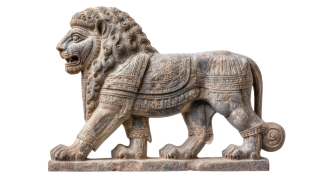Mesopotamian lion statue, isolated on a Transparent background, PNG file.
