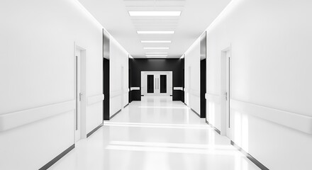 Futuristic and pristine white hallway interior creating a sense of infinite clean space