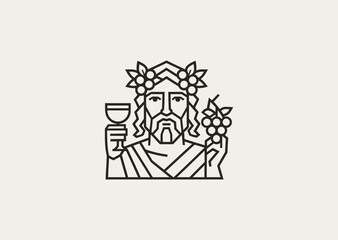 A geometric style line art Dionysus logo, symbolizing wine, celebration, and divine ecstasy in Greek mythology