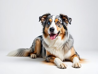 Happy Australian Shepherd Dog Portrait on White Background