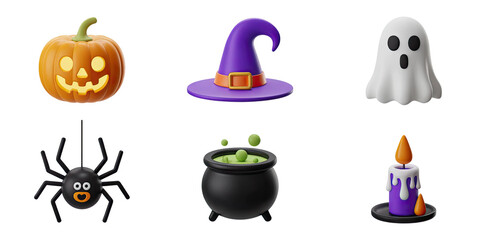 Spooky Halloween icons including pumpkin, ghost, witch hat, cauldron, spider, and candle for festive designs