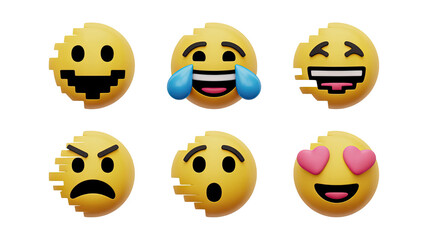 Captivating collection of glitch effect emojis expressing diverse emotions for digital communication and design