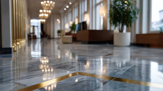 A beautifully polished marble floor integrated with golden accents, creating an enchanting and sophisticated vibe that enhances any upscale interior space.
