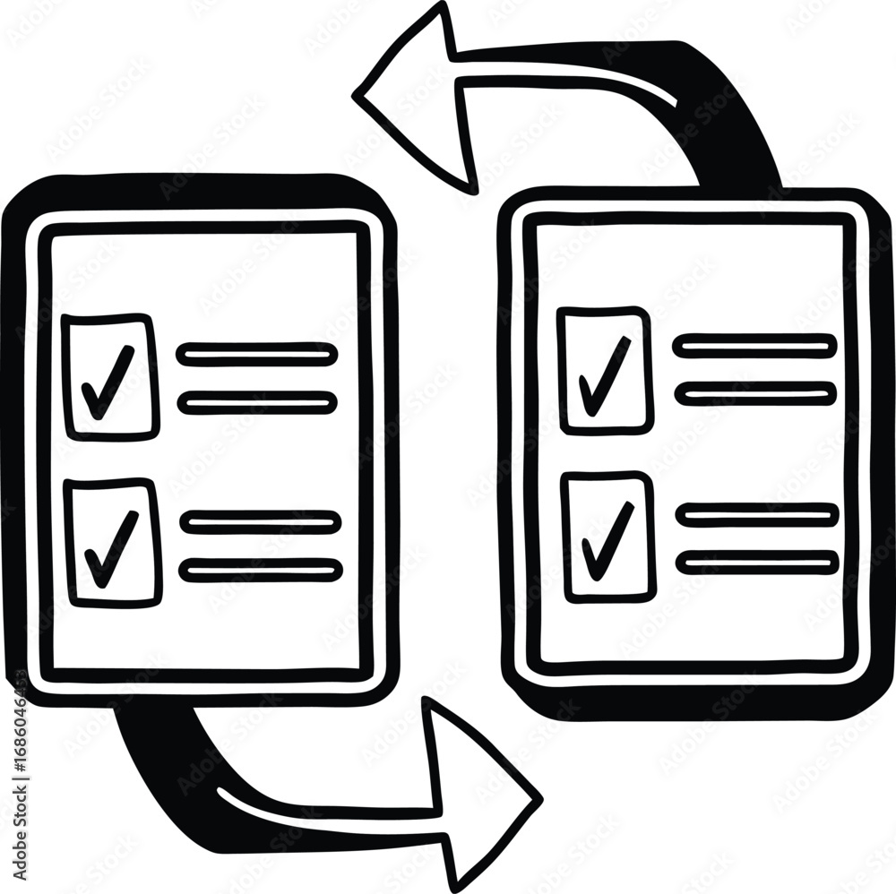 Poster two list items exchanging places with curved arrows, outline icon.