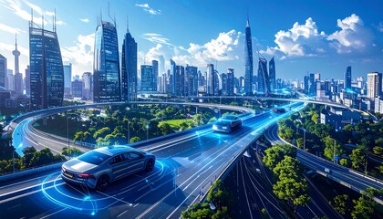 Futuristic city streets with autonomous vehicles