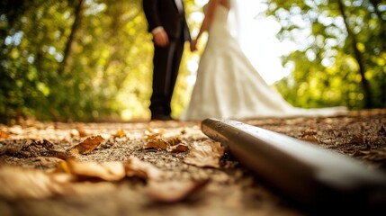 Rustic wedding path with fallen leaves and a wooden object.