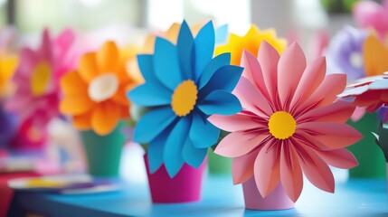 Colorful paper flowers in pots.